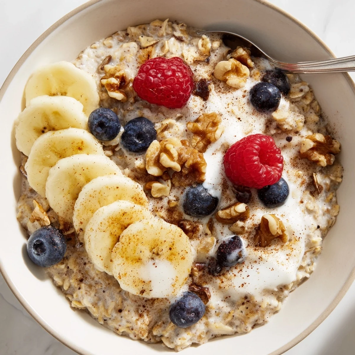 Wholesome brown sugar overnight oats layered with cinnamon-spiced yogurt and colorful fruit toppings for a satisfying make-ahead breakfast.