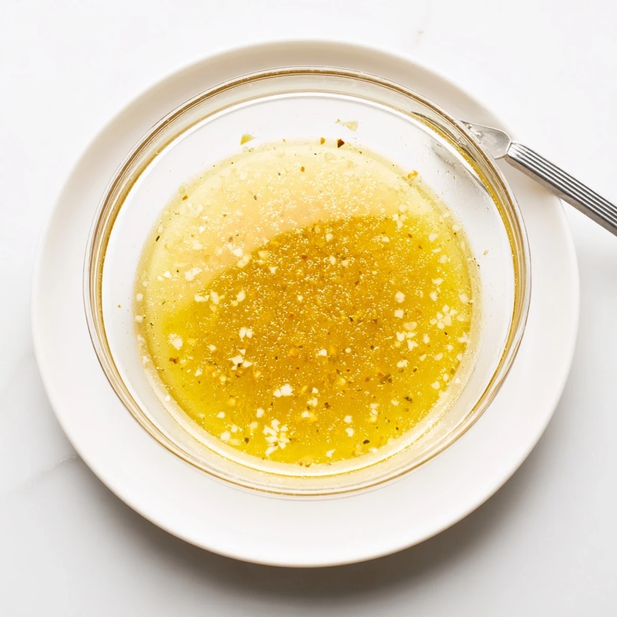 Golden Easy Lemon Vinaigrette Dressing drizzled over fresh green salad in white bowl