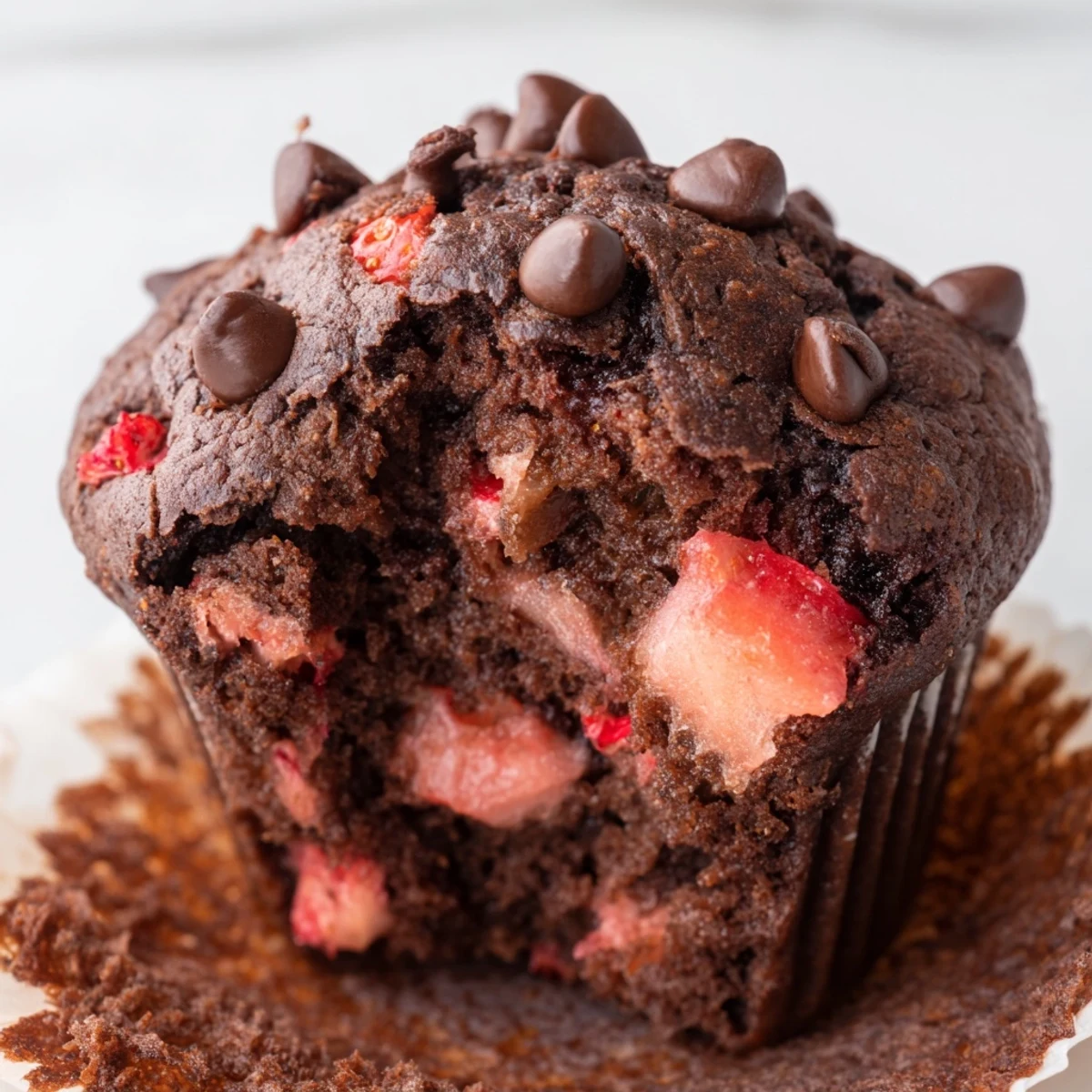 Fresh baked double chocolate strawberry muffins topped with mini chocolate chips on a wire cooling rack