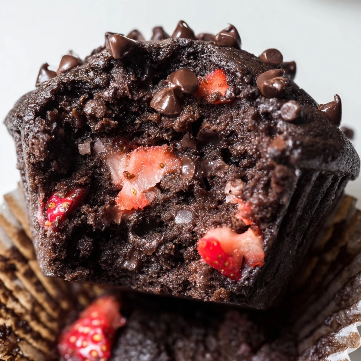 Moist chocolate muffins studded with diced fresh strawberries and melting semi-sweet chocolate chips in a paper liner
