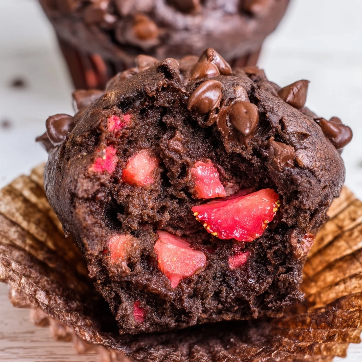 Homemade double chocolate strawberry muffins with burst berries and chocolate chunks served for breakfast or dessert
