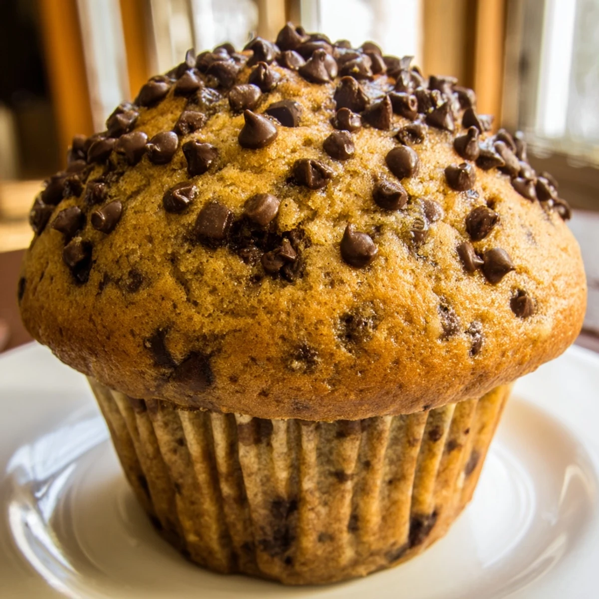 Golden bakery style chocolate chip muffins with tall domed tops and melted chocolate chips