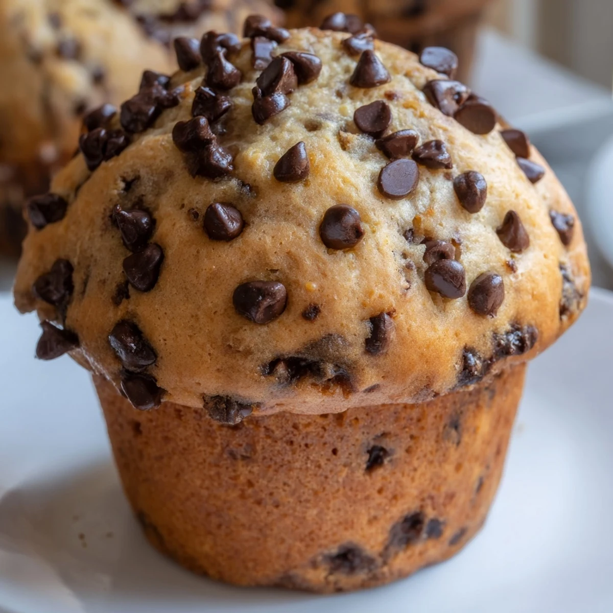 Moist bakery style chocolate chip muffins bursting with semi-sweet chips and golden brown edges