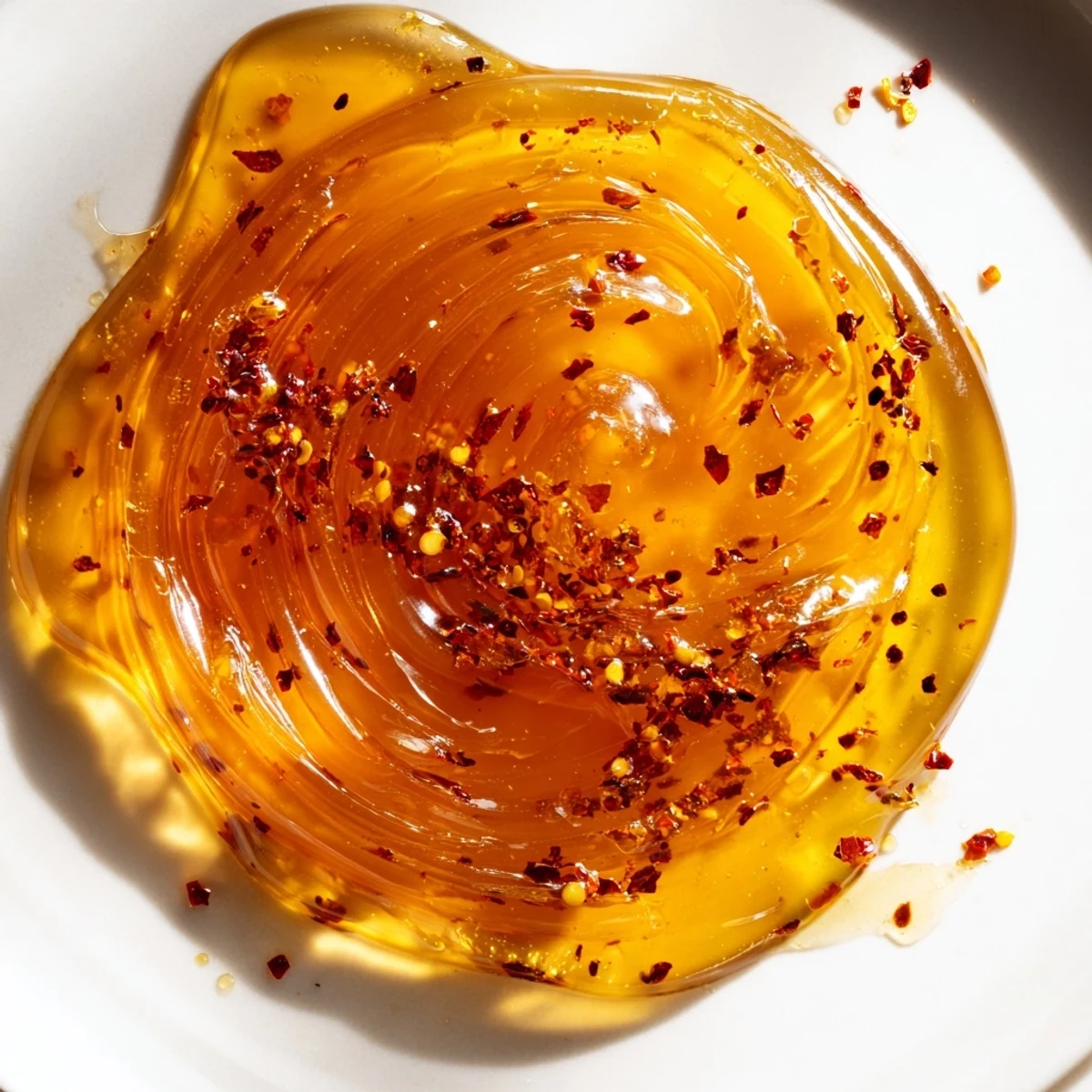 Golden homemade hot honey infused with red chili flakes ready for drizzling