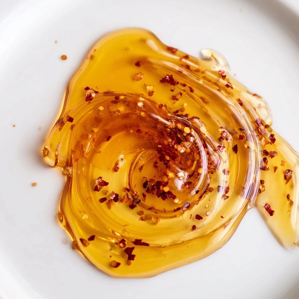 Spicy-sweet honey condiment flecked with vibrant chili peppers in glass jar