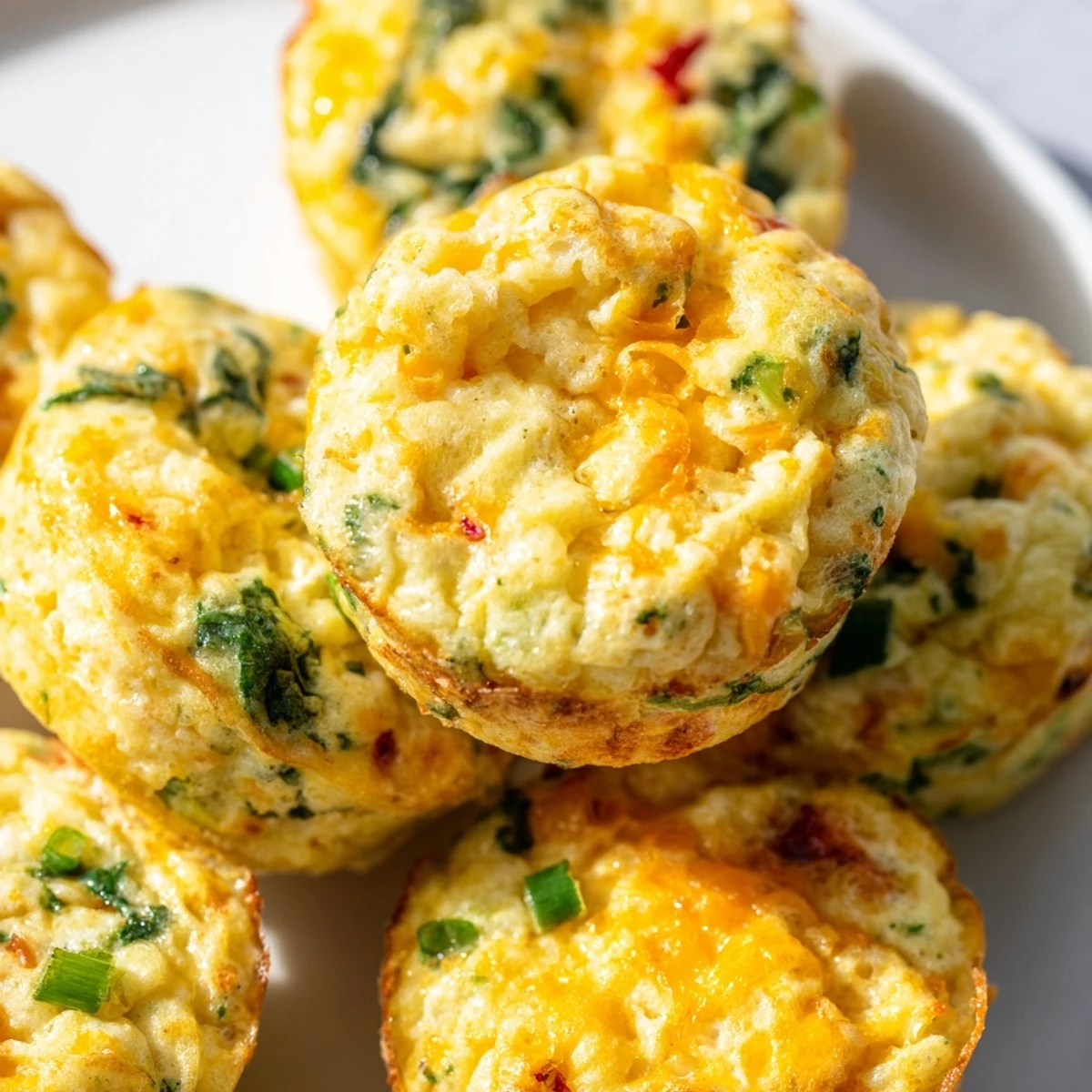 Golden brown cottage cheese egg bites topped with colorful spinach and bell peppers in a muffin tin