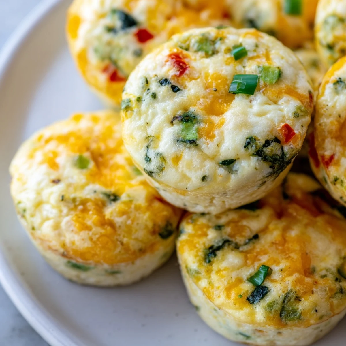 Protein-rich cottage cheese egg bites with melted cheddar, fresh vegetables, and fluffy texture