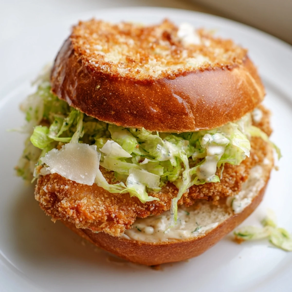 Golden crispy chicken breast layered with cool romaine and tangy Caesar dressing inside a toasted brioche bun