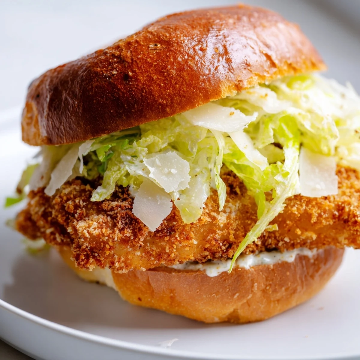 Satisfying crispy chicken Caesar sandwich stacked high with crunchy lettuce, shaved Parmesan, and creamy dressing on a warm bun