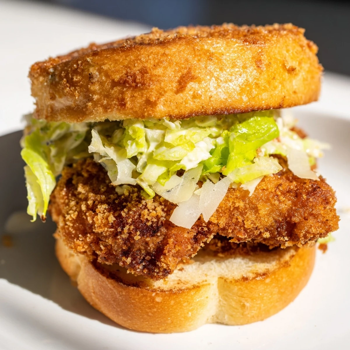 Homemade crispy chicken Caesar sandwich featuring golden fried chicken fillets topped with fresh romaine and rich Caesar sauce
