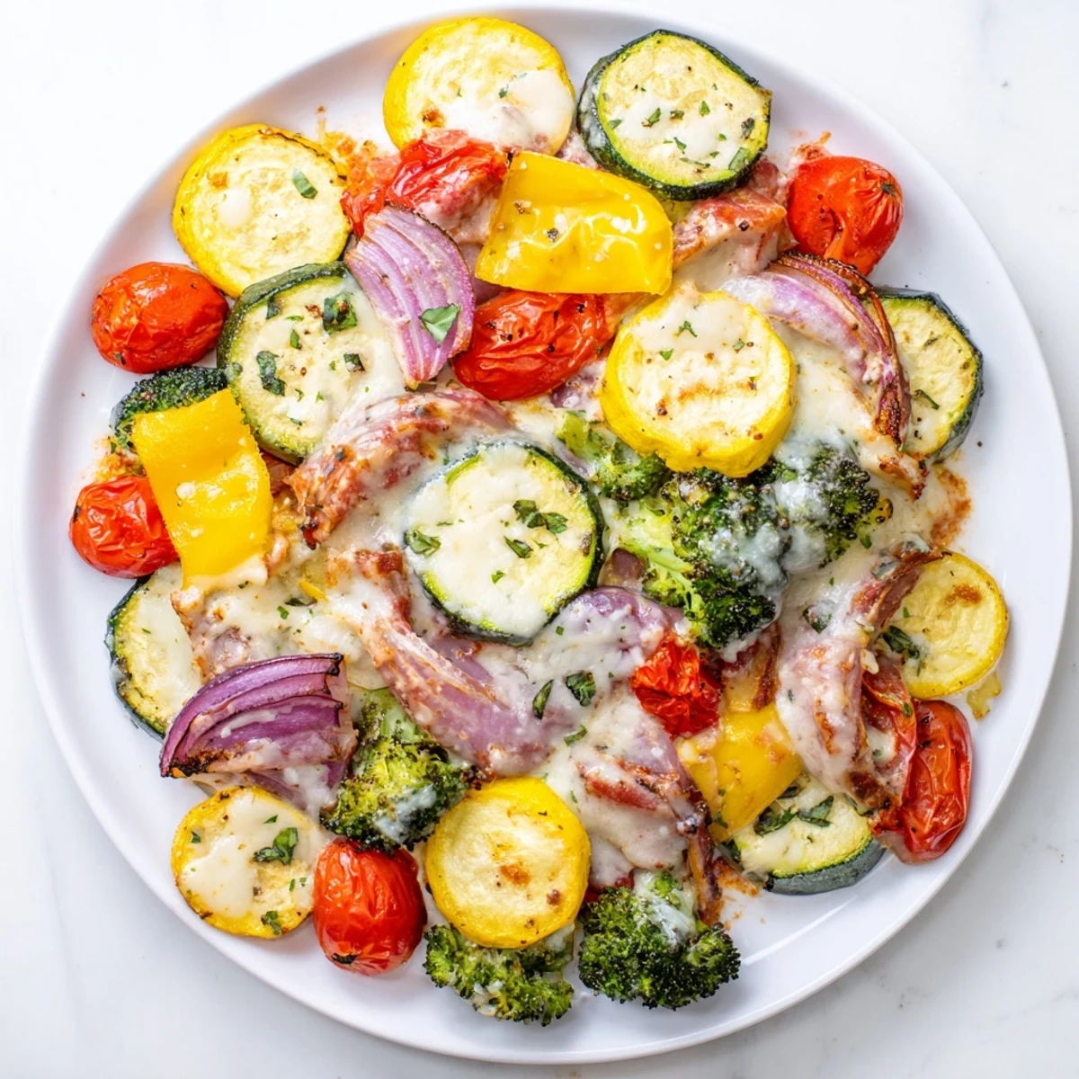 Colorful roasted zucchini bell peppers and cherry tomatoes coated in Marry Me roasted vegetable medley with creamy sun-dried tomato sauce