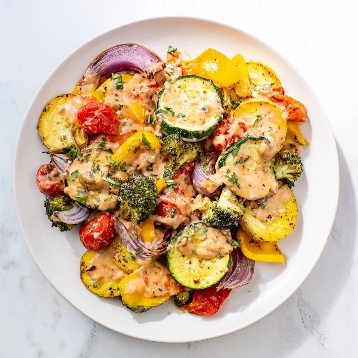 Vibrant oven-roasted medley of squash broccoli and peppers topped with Marry Me roasted vegetable medley sauce and fresh basil