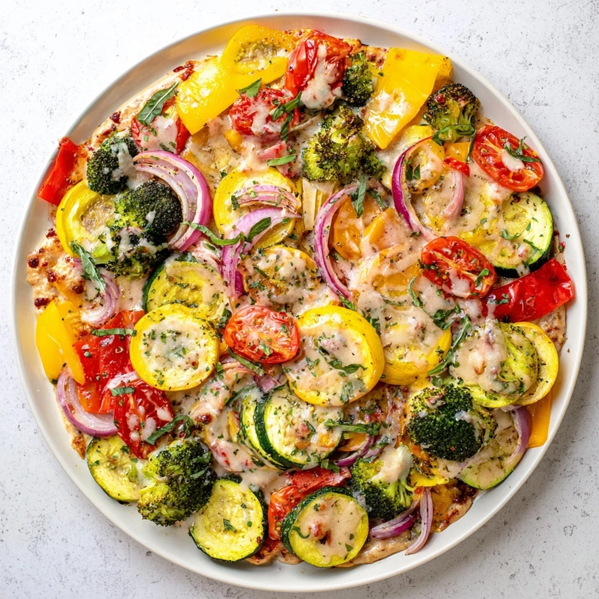 Golden tender vegetables drizzled with rich garlic Parmesan sauce in this Marry Me roasted vegetable medley plated for dinner