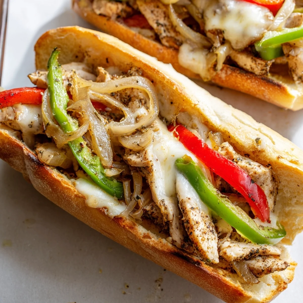 Golden chicken cheesesteak sandwich overflowing with melted provolone and sautéed peppers on toasted hoagie roll