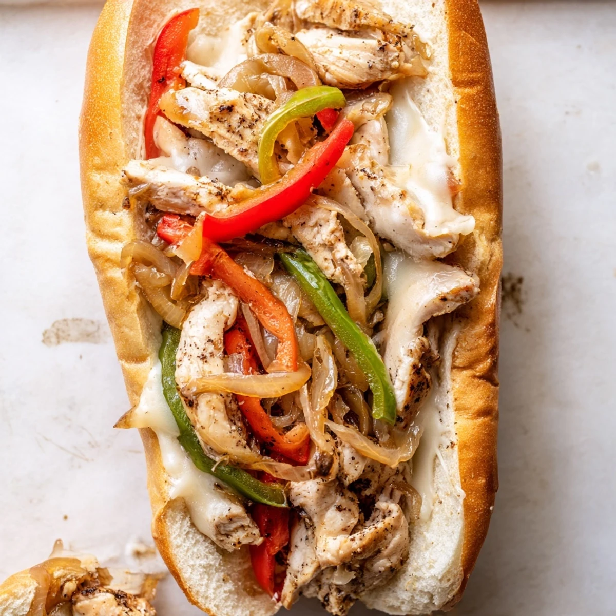 Savory chicken cheesesteak sandwiches stuffed with caramelized onions, colorful bell peppers, and gooey melted cheese