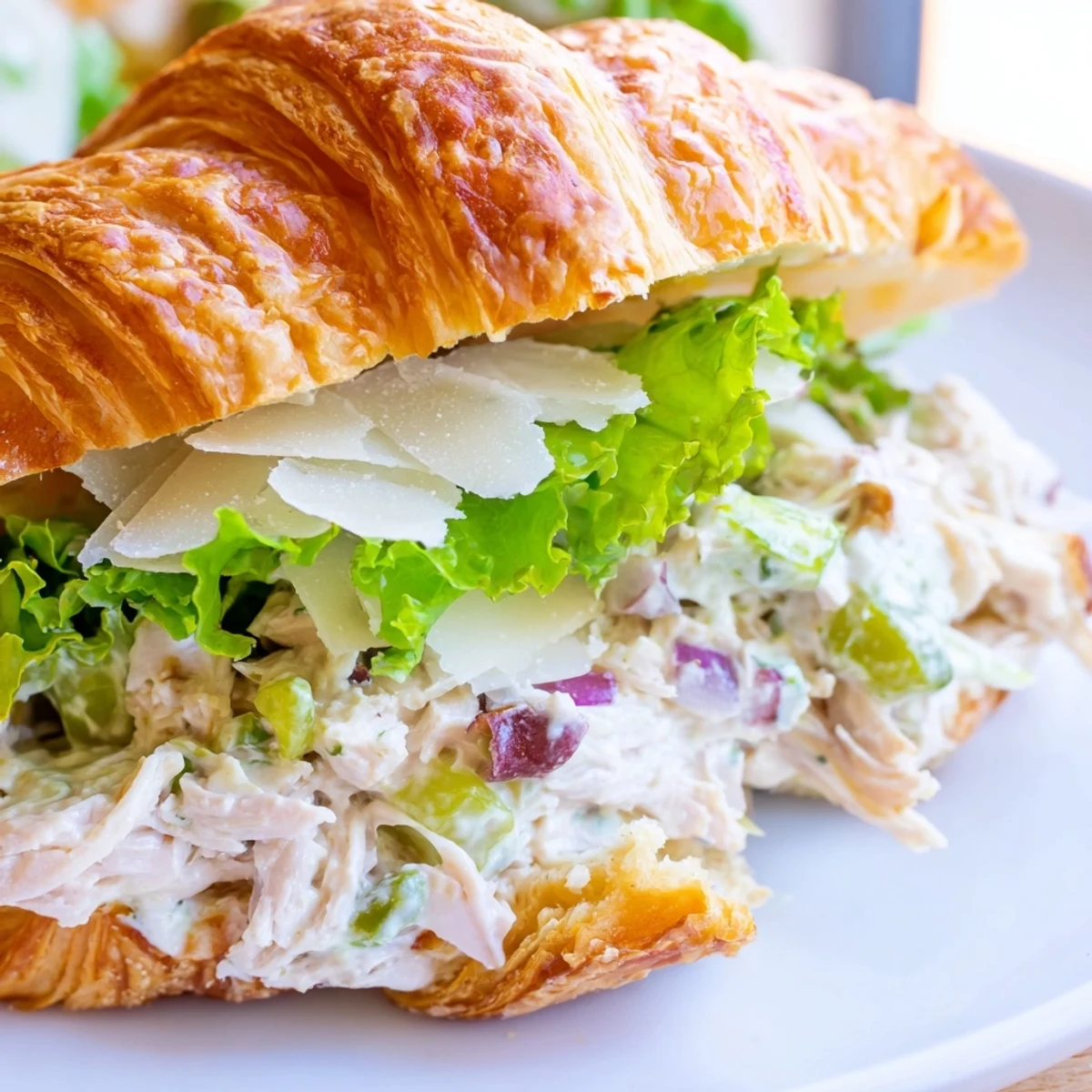 Golden flaky croissant overflowing with creamy Chicken Caesar Salad Croissant Sandwich filled with tender chicken and crisp romaine lettuce