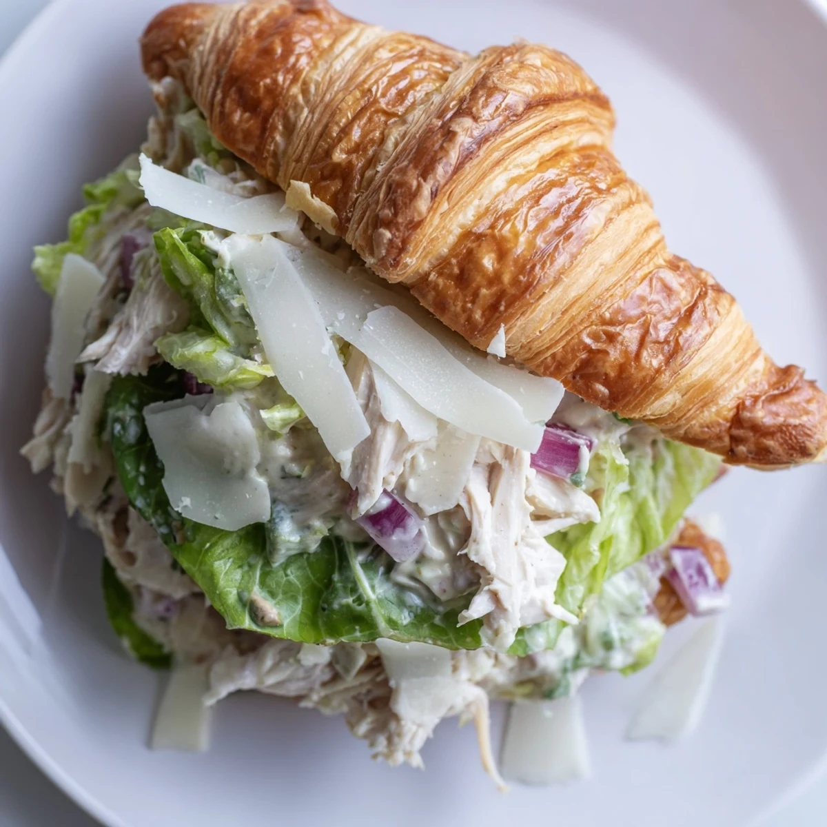 Sliced Chicken Caesar Salad Croissant Sandwich revealing layers of Parmesan-spiked chicken salad nestled in buttery baked pastry