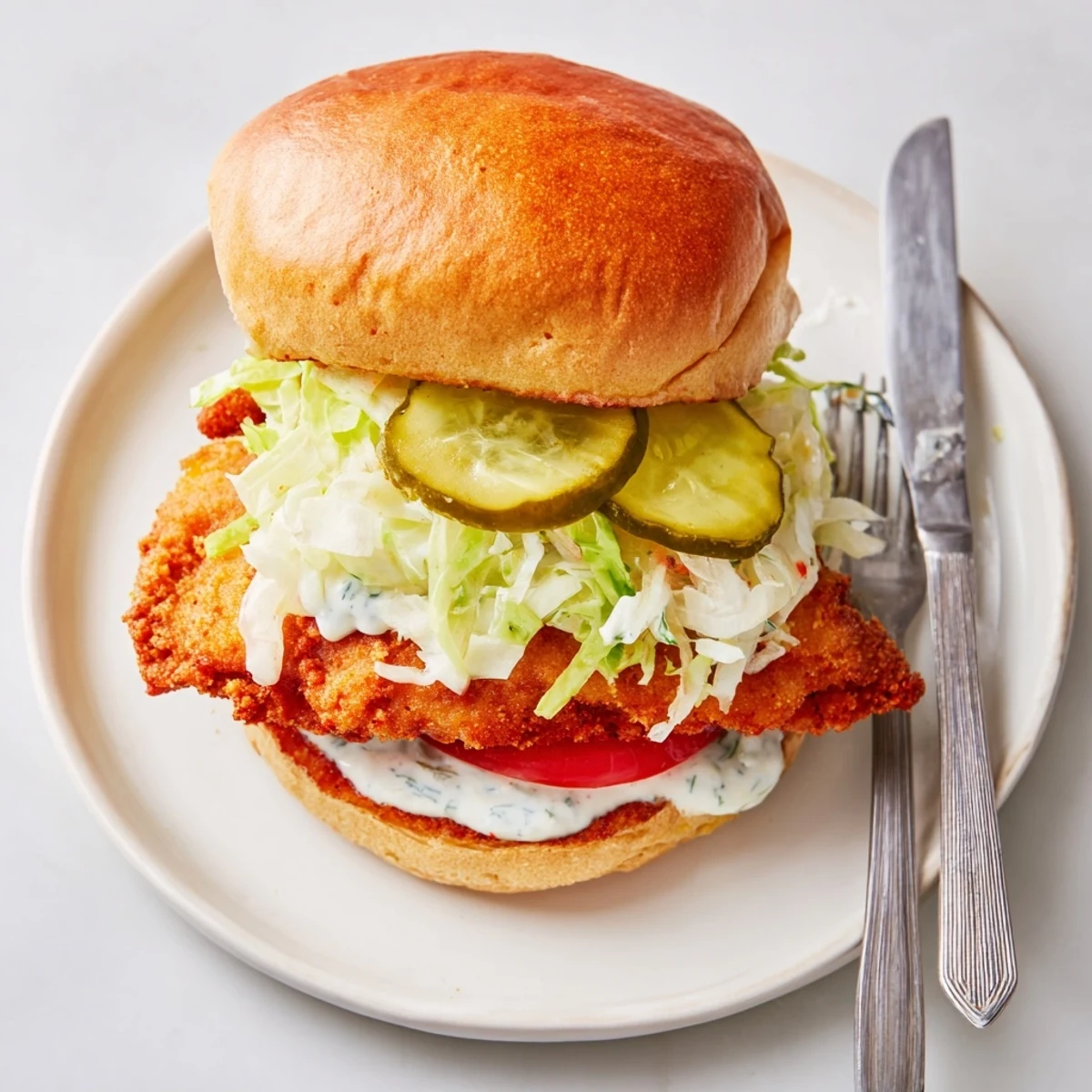 Golden brown crispy dill chicken sandwich on toasted brioche bun with fresh lettuce