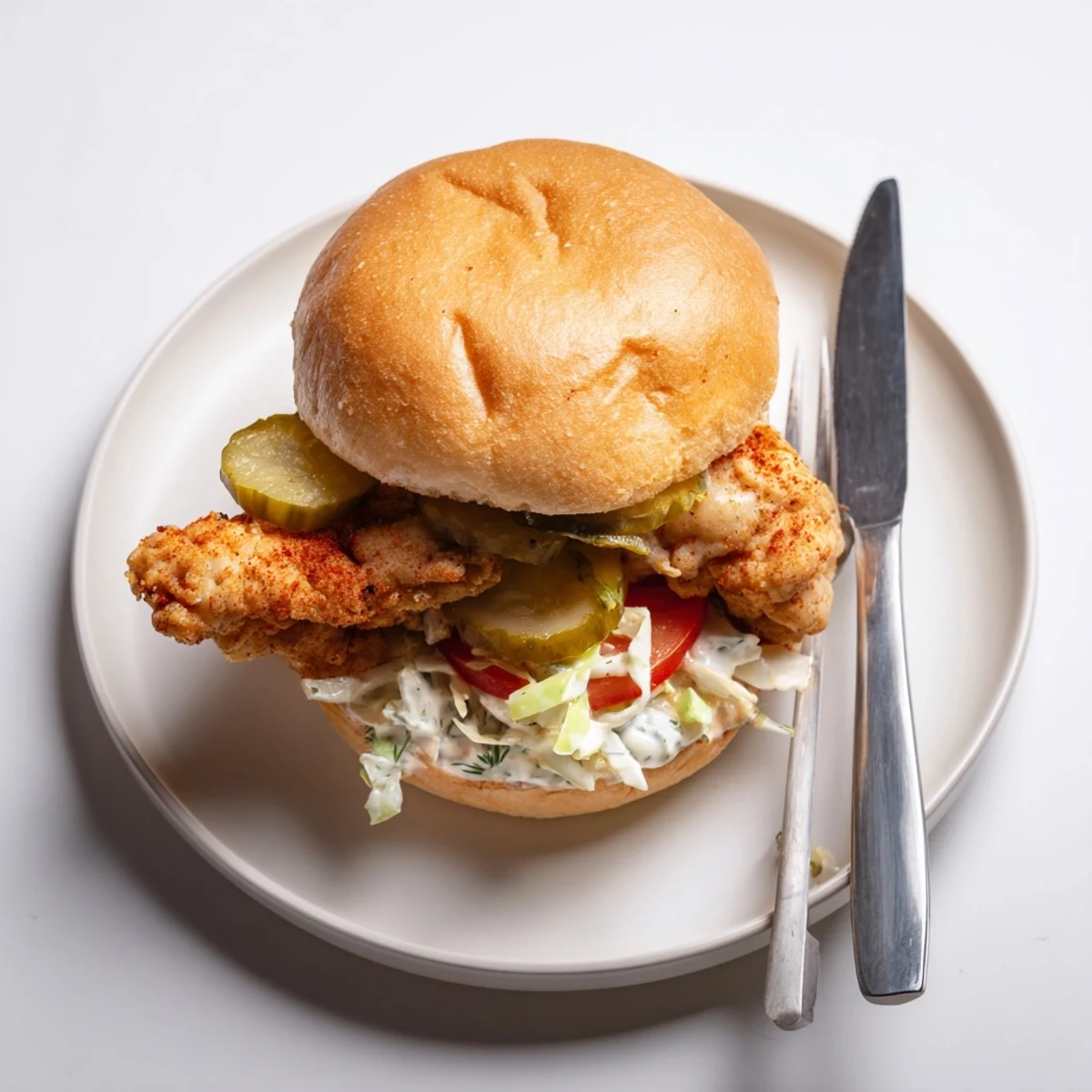 Homemade crispy dill chicken sandwich topped with tangy pickles and creamy dill mayo sauce