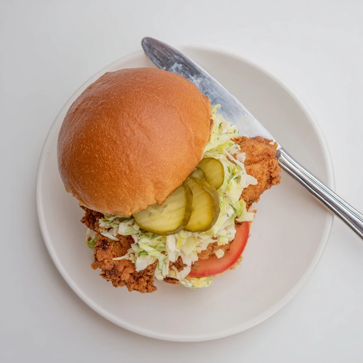 Handheld crispy dill chicken sandwich showing crunchy fried chicken breast on soft bakery bun