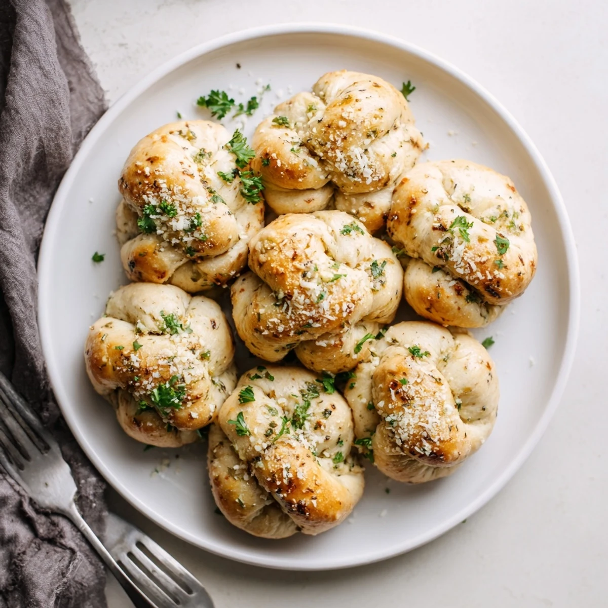 Golden gluten-free garlic knots brushed with melted butter and fresh parsley on a white serving plate