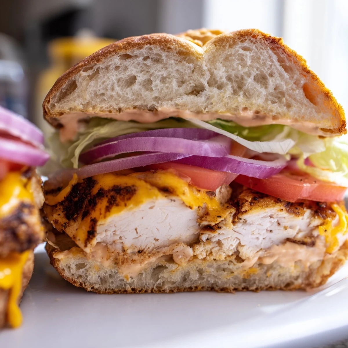 Golden cheesy grilled chicken sandwich stacked with crisp lettuce and tomato on toasted bread
