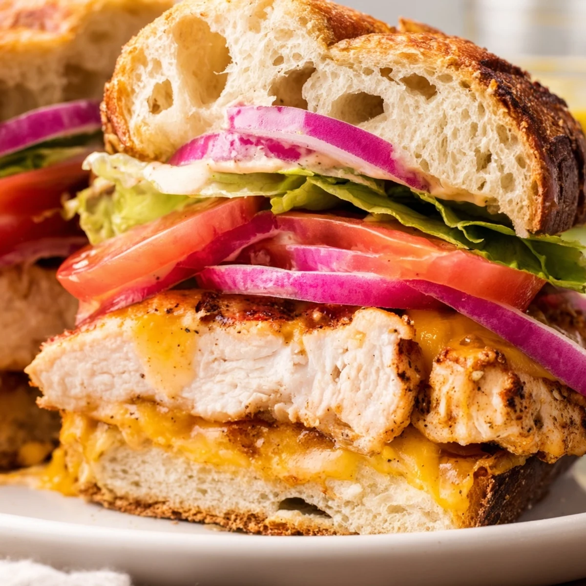 Sliced cheesy grilled chicken sandwich layered with fresh vegetables and tangy Dijon mayonnaise sauce