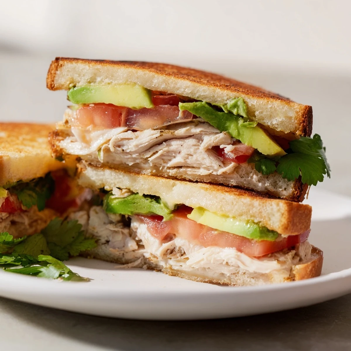 Golden brown chicken avocado melt sandwich with melted cheese and fresh tomato slices on a cutting board