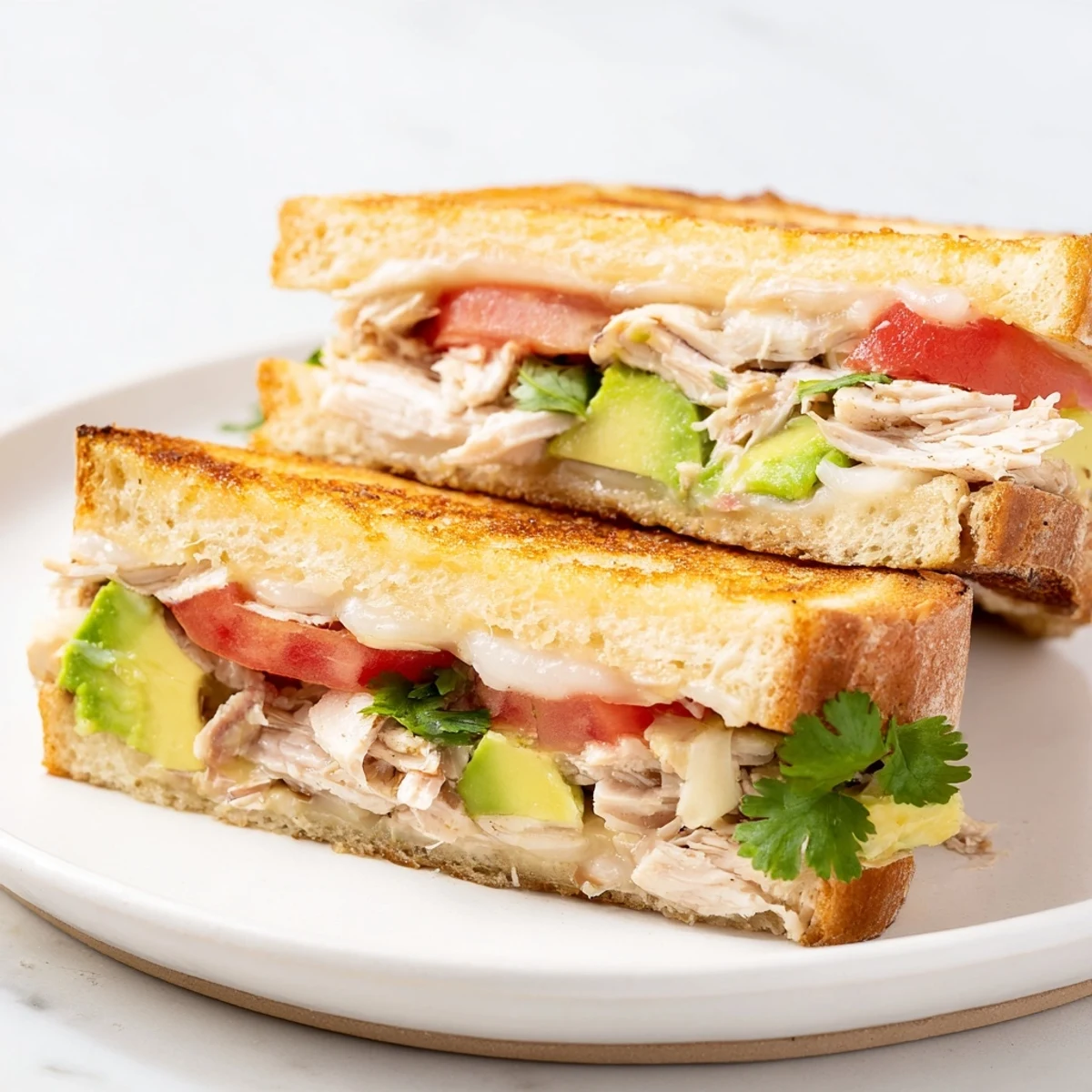 Open-faced chicken avocado melt sandwich featuring juicy chicken, creamy avocado, and bubbling provolone on toasted sourdough bread