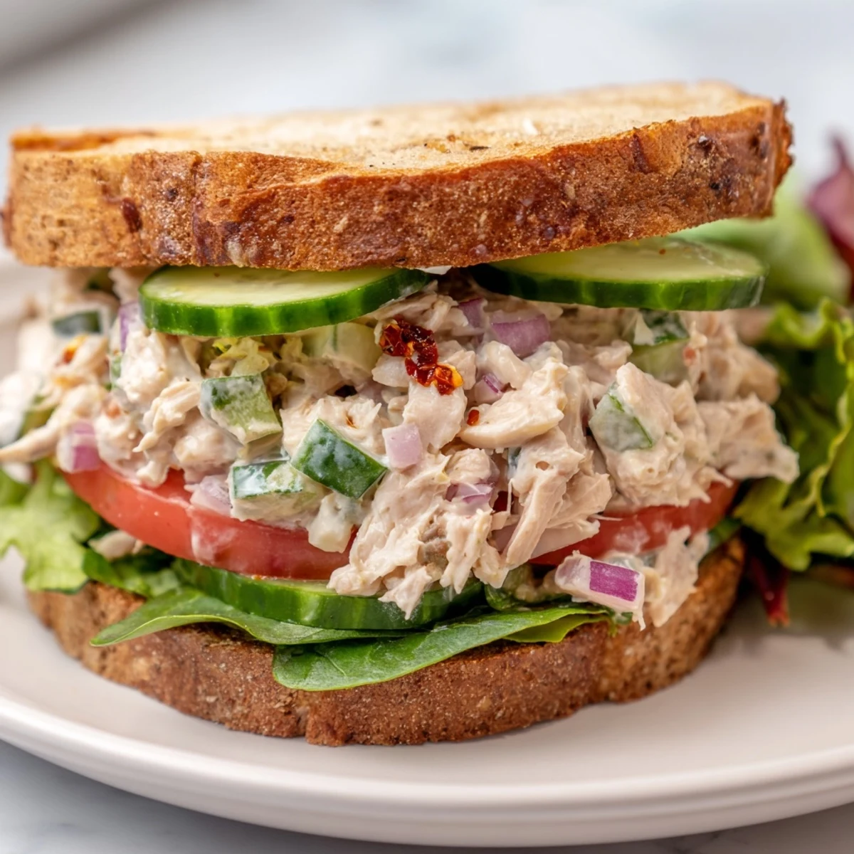Close-up of chicken salad sandwich featuring crunchy vegetables and savory chili crisp on a soft roll