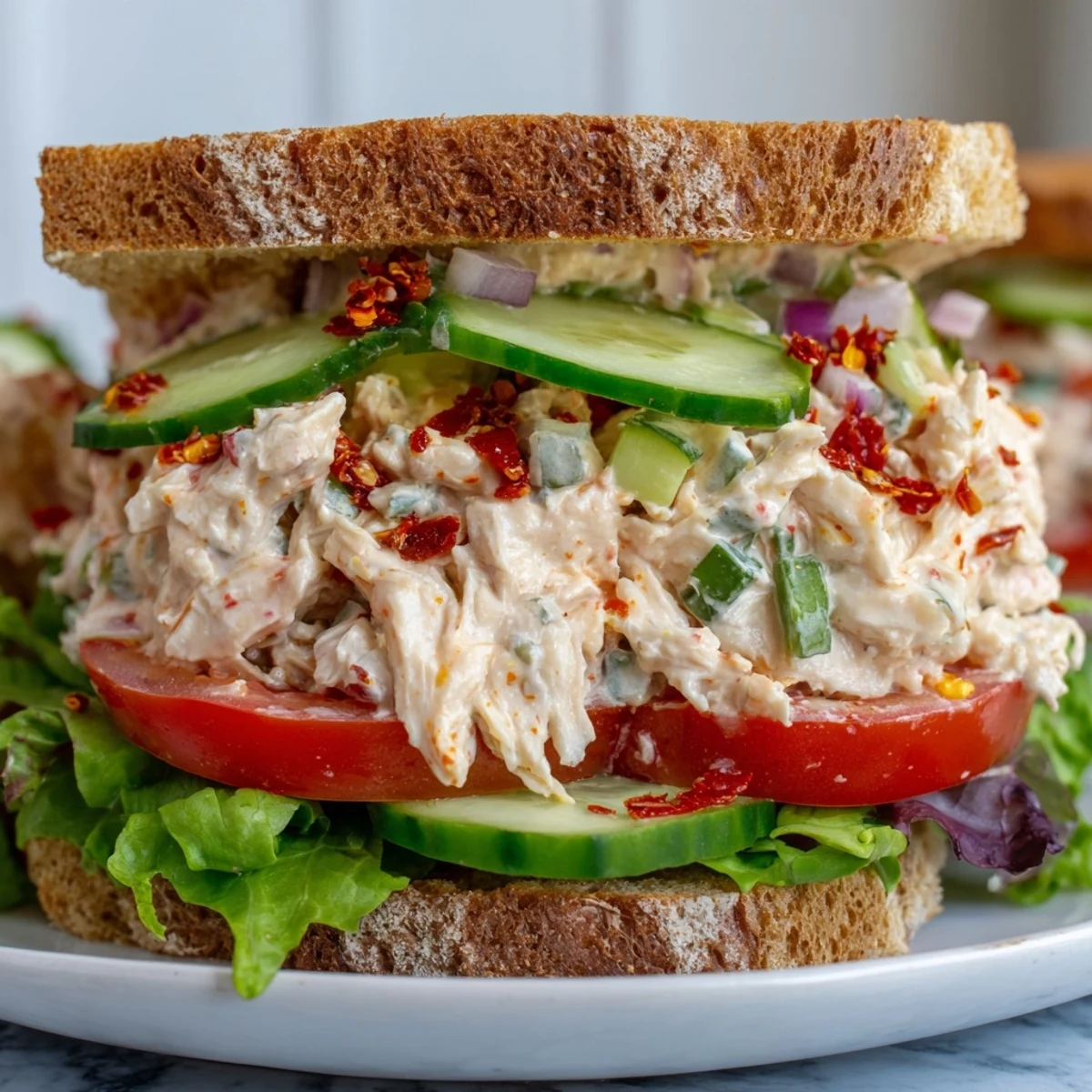 Golden chicken salad sandwich topped with crisp vegetables and spicy chili crisp drizzle on toasted bread