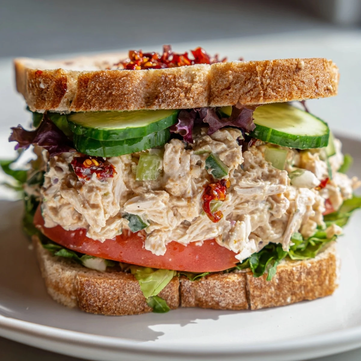 Layered chicken salad sandwich with fresh cucumber, tomato slices, and spicy chili crisp garnish