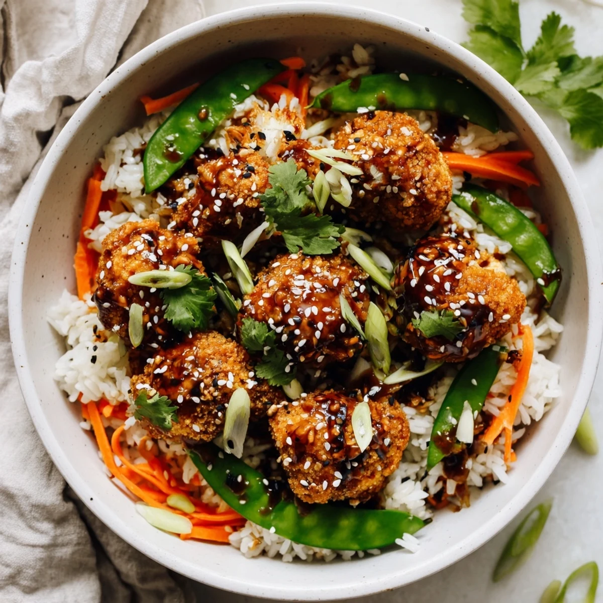 Golden crispy General Tsos cauliflower florets coated in tangy sweet and spicy sauce over fluffy white rice