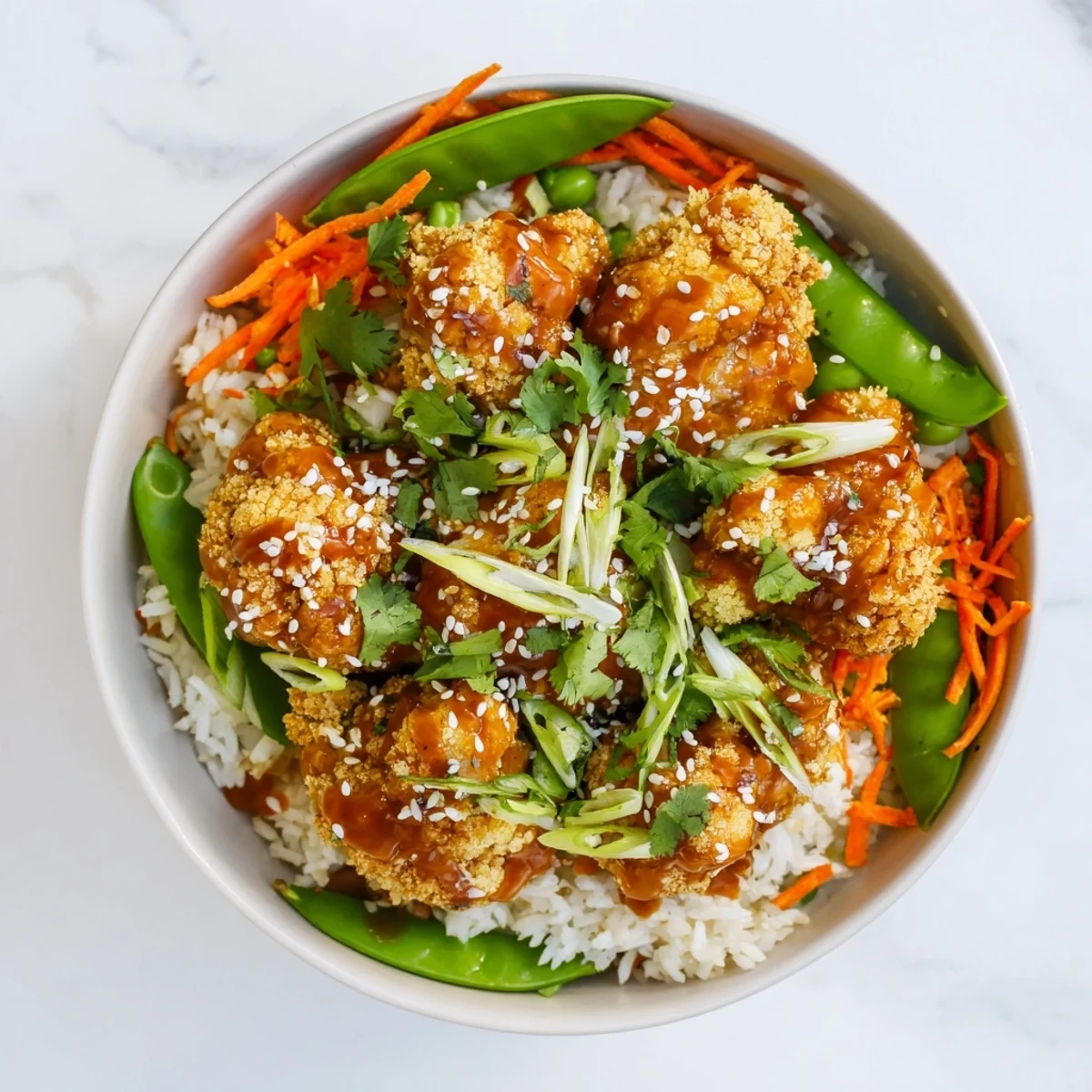 Vegan General Tsos cauliflower bowls piled with fresh vegetables and sesame garnish on a bed of steamed jasmine rice
