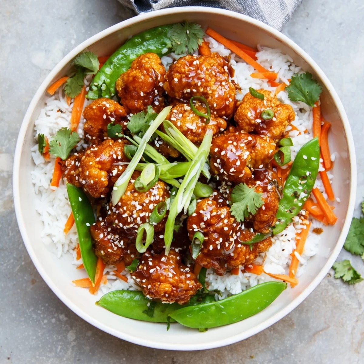 Battered and baked General Tsos cauliflower glazed with savory ginger sauce alongside colorful julienned carrots and snow peas