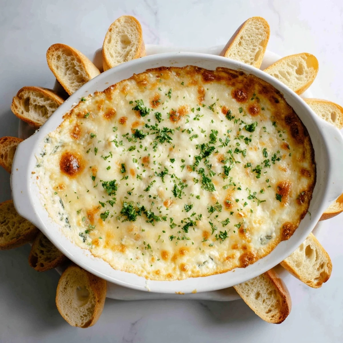 Golden bubbly cheesy garlic white pizza dip fresh from the oven with melted mozzarella topping