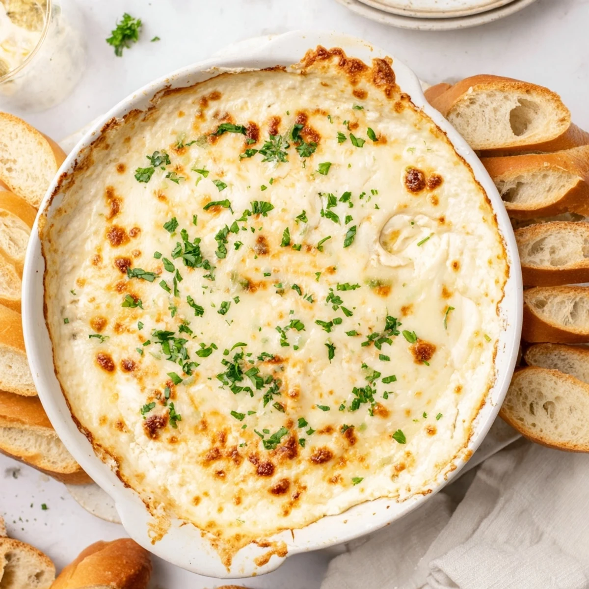 Creamy white pizza dip studded with roasted garlic served with crispy baguette slices for dipping