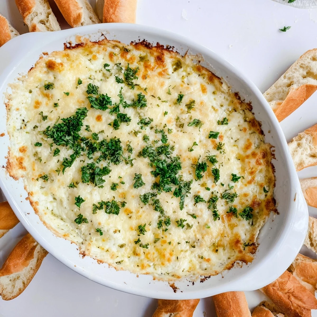 Hot garlic cheese dip topped with parsley and extra mozzarella alongside crusty bread for party dipping