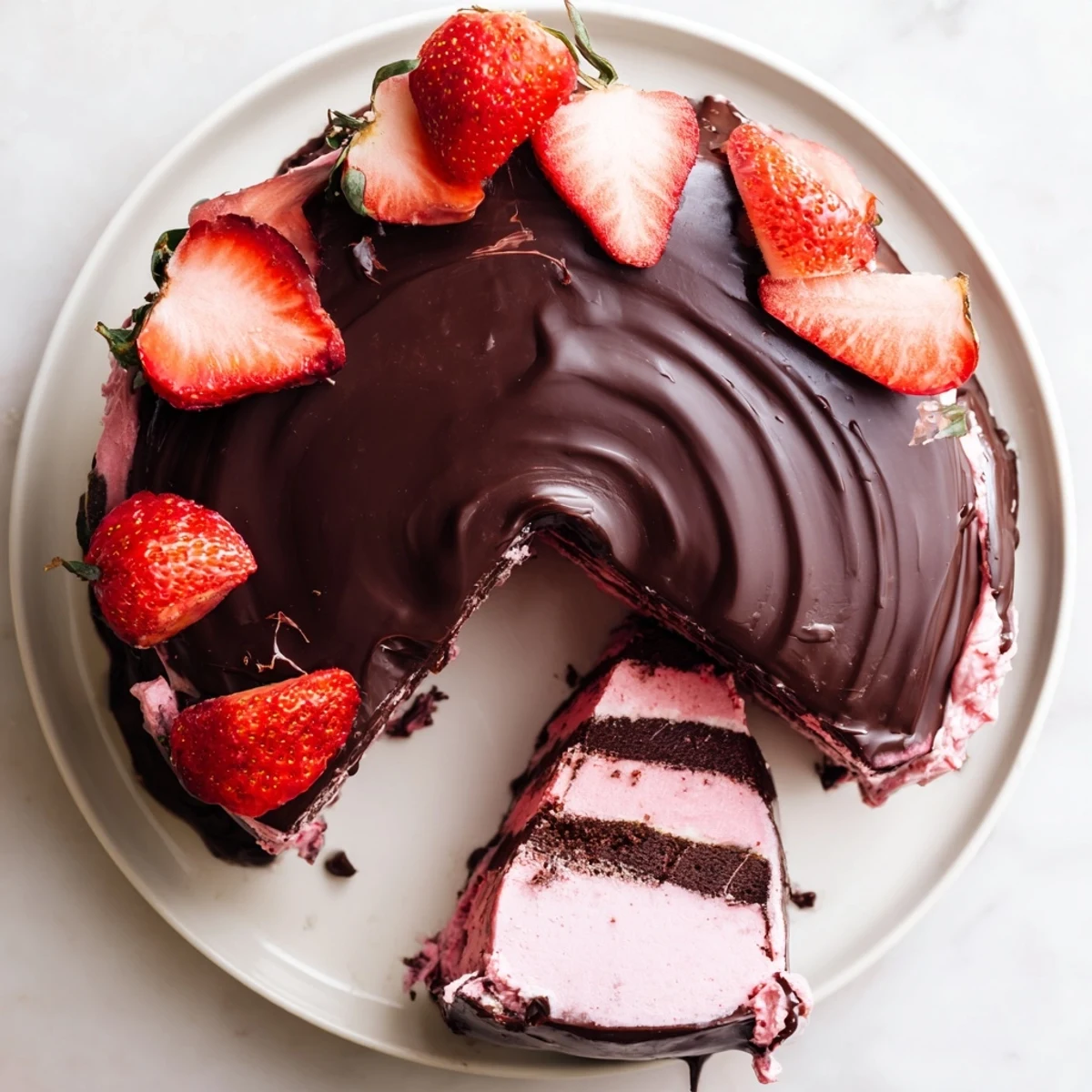 Sliced chocolate covered strawberry ice cream cake revealing layered strawberry ice cream and chocolate cake
