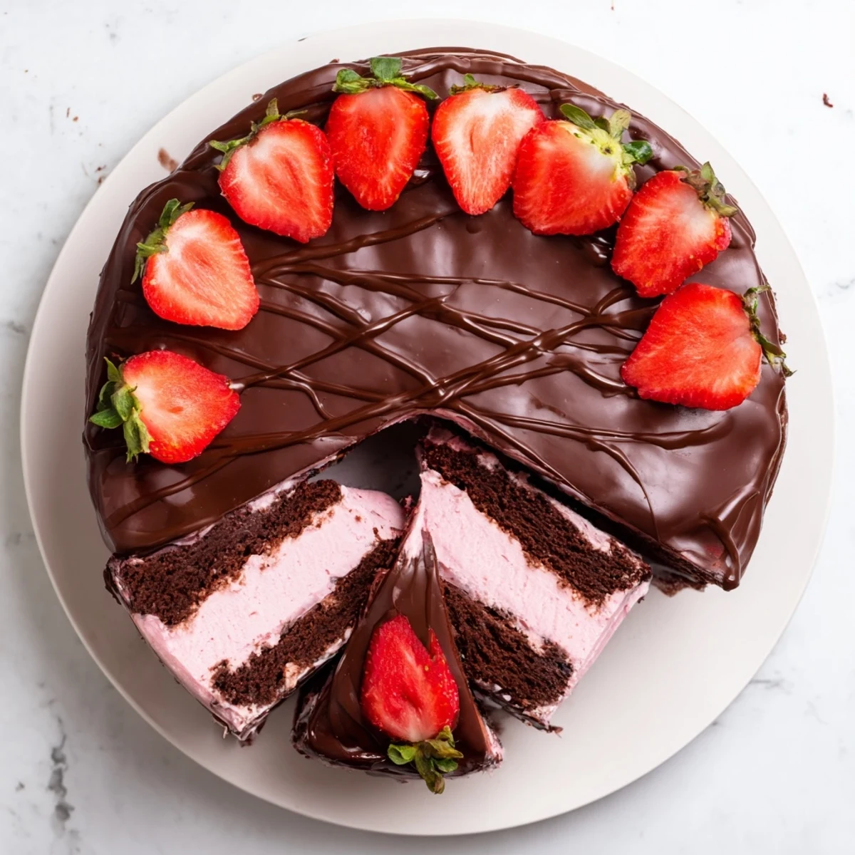 Decadent chocolate covered strawberry ice cream cake topped with fresh strawberry halves and dark chocolate drizzle