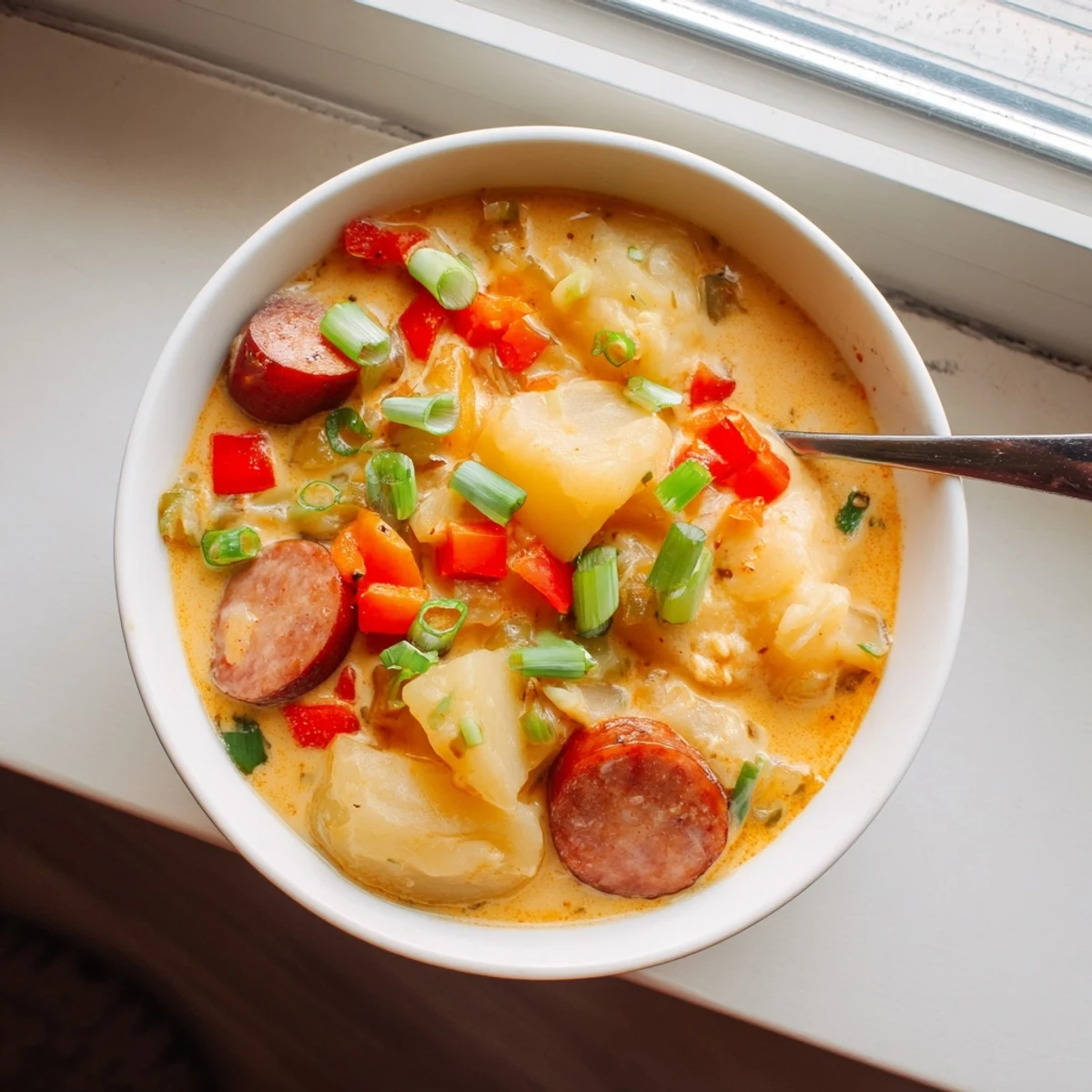 Creamy spicy Cajun potato soup with andouille sausage, diced vegetables, and green onion garnish in a white bowl