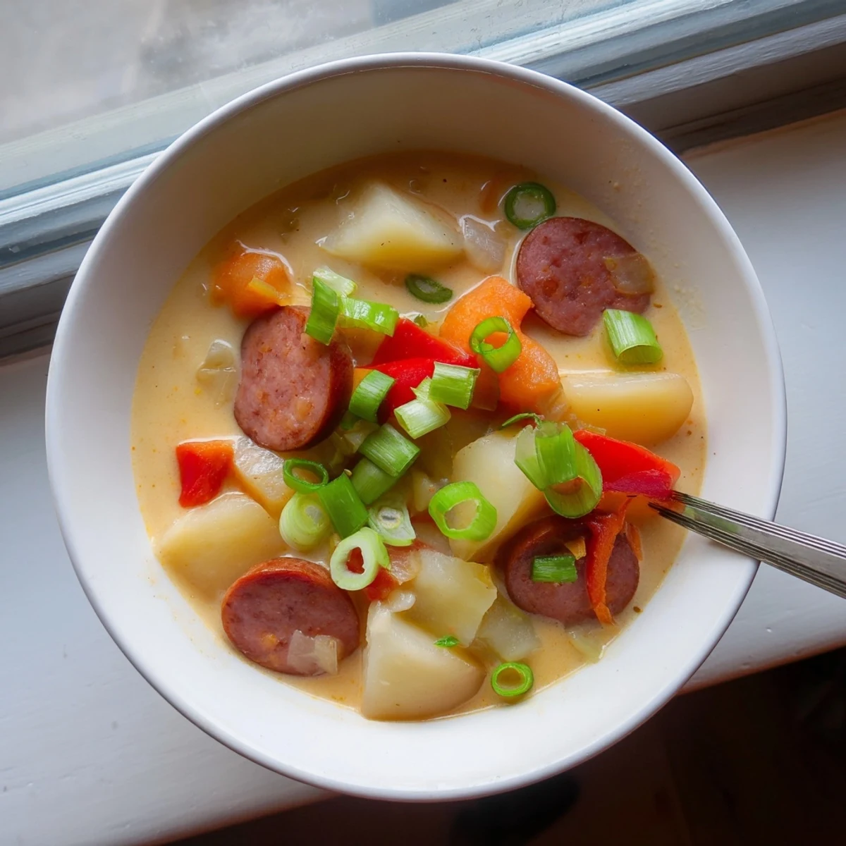 Hearty bowl of Cajun potato soup featuring tender potatoes, smoky sausage, and colorful vegetables in rich broth