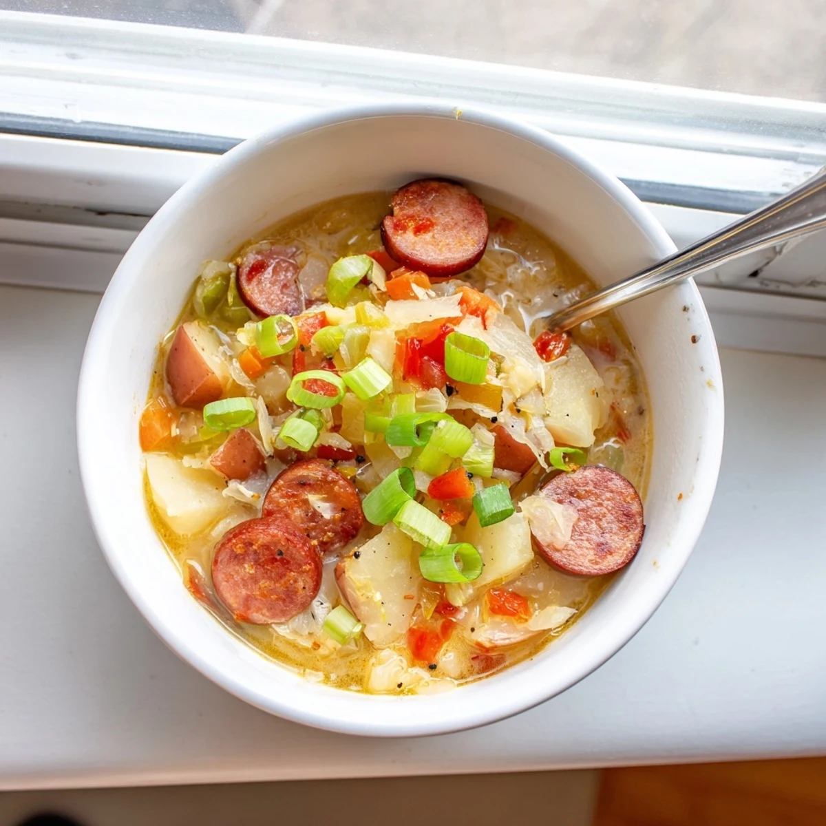 Steaming hot spicy Cajun potato soup with chunky potatoes, sliced andouille, and fresh green onions on a rustic table