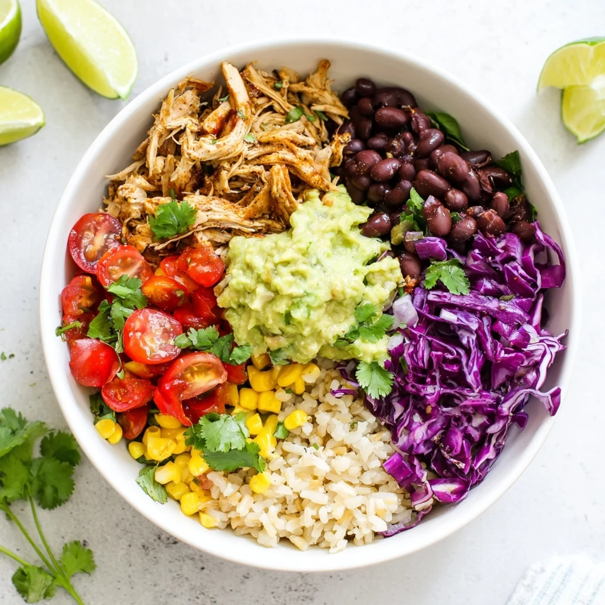 Vibrant Pulled Chicken Guacamole Bowl topped with fresh cilantro and lime wedges