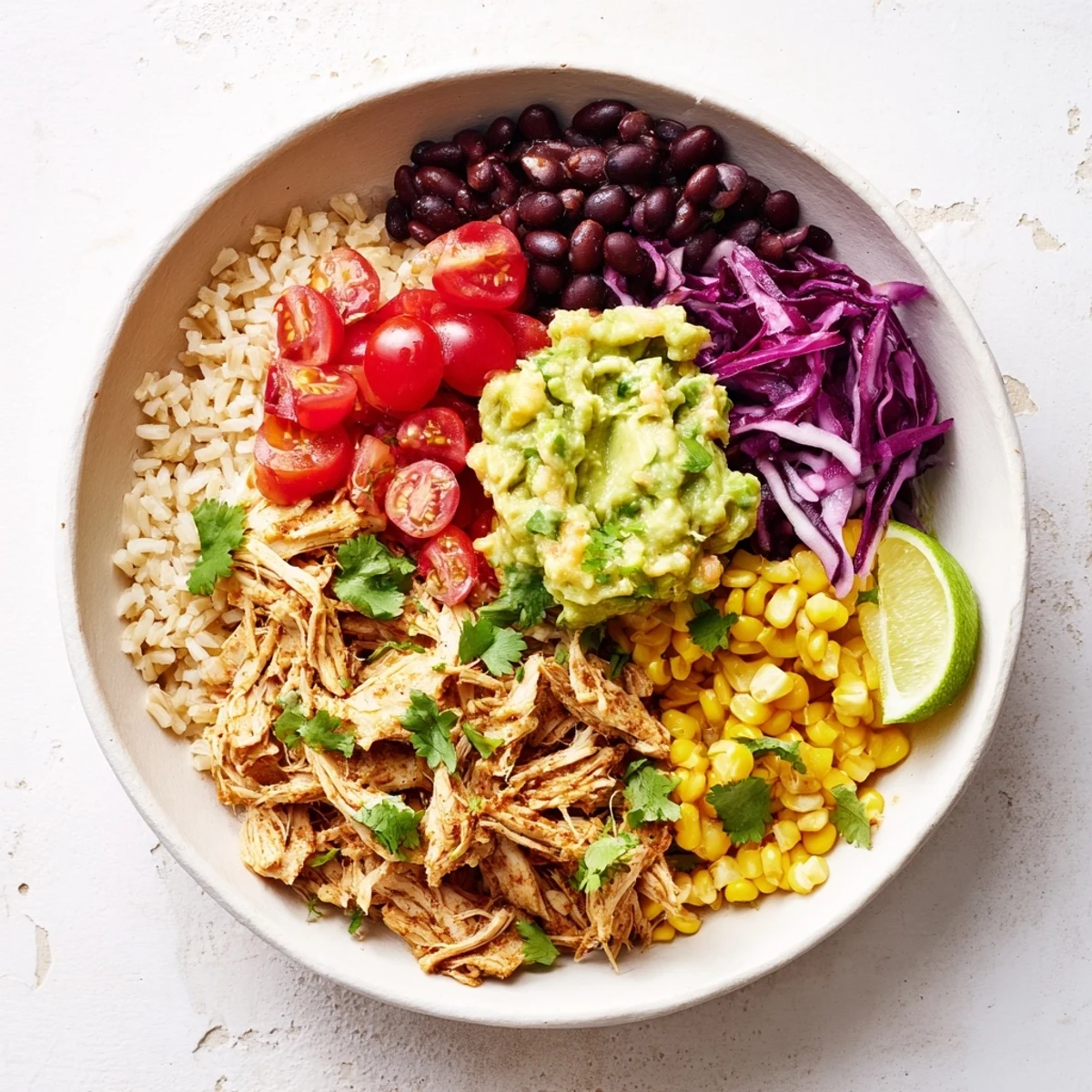 Flavor-packed gluten-free bowl featuring shredded chicken beans corn and zesty guacamole