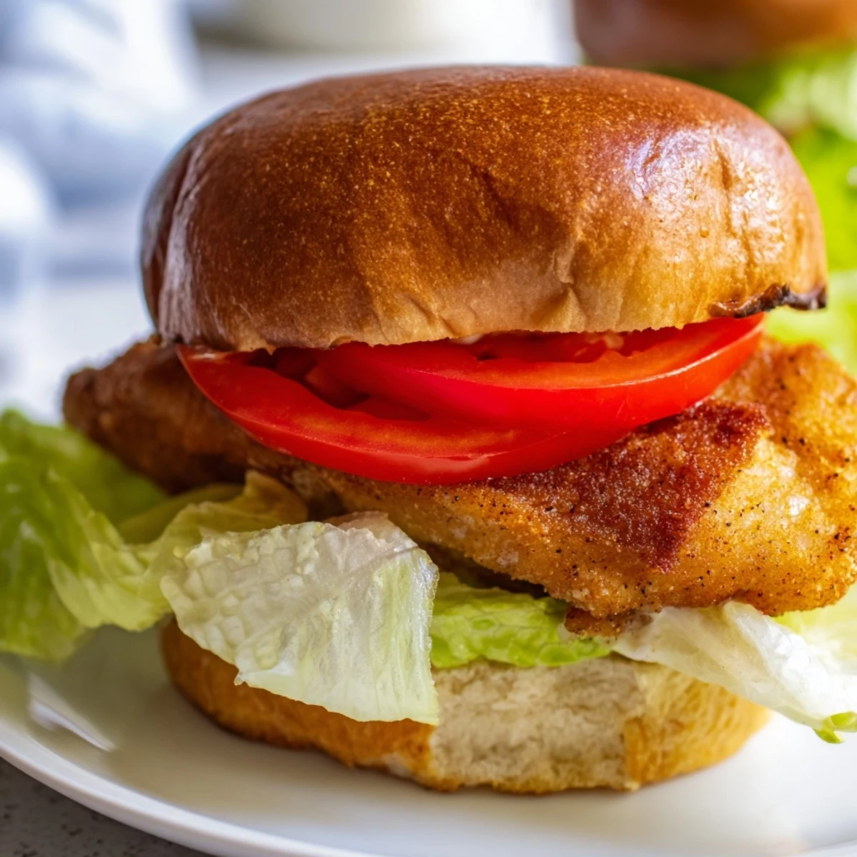 Spicy Cajun crispy chicken sandwich topped with fresh lettuce tomato and creamy garlic aioli