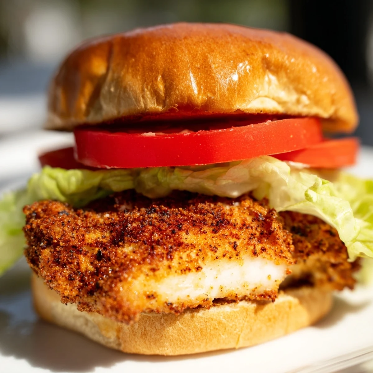 Golden fried Cajun crispy chicken sandwich with garlic aioli on toasted brioche bun
