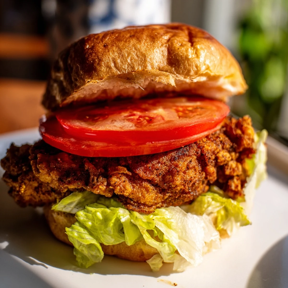 Crispy Cajun chicken breast sandwich featuring garlic aioli and pickles on soft bun