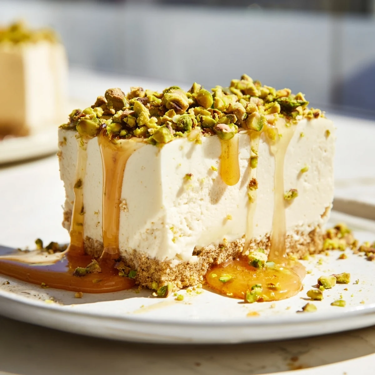 Golden Greek honey pistachio cheesecake bars with crunchy nut topping on buttery graham crust