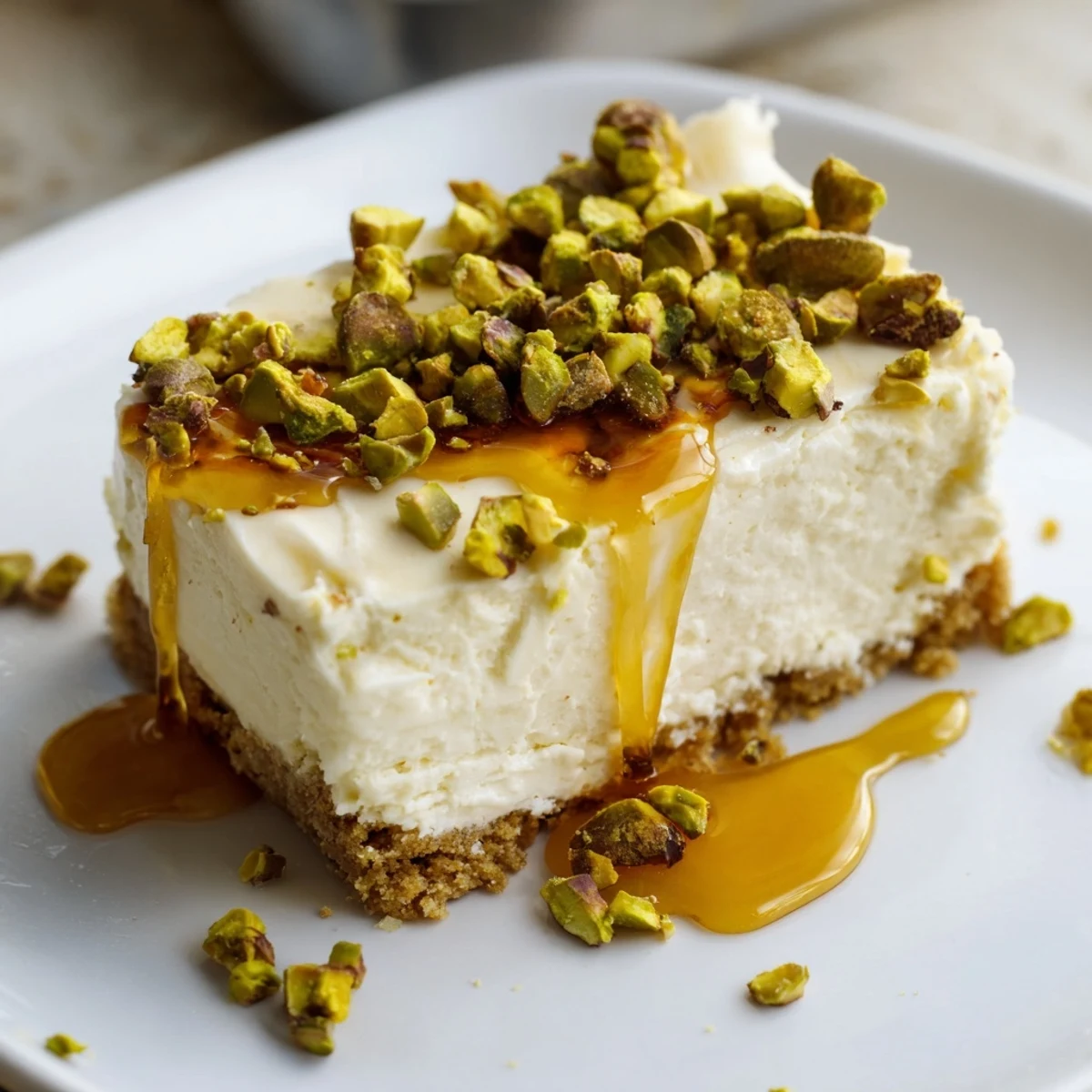 Creamy cheesecake squares drizzled with honey and sprinkled with roasted pistachios for dessert